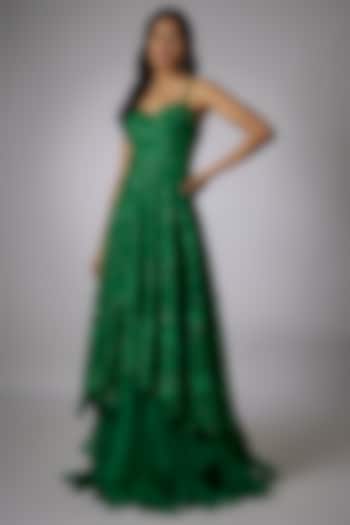 Emerald Green Organza Cutdana Embroidered High-Low Gown by Anushree Reddy