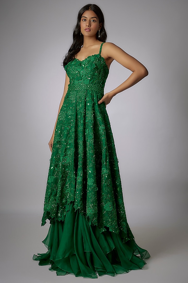 Emerald Green Organza Cutdana Embroidered High-Low Gown by Anushree Reddy