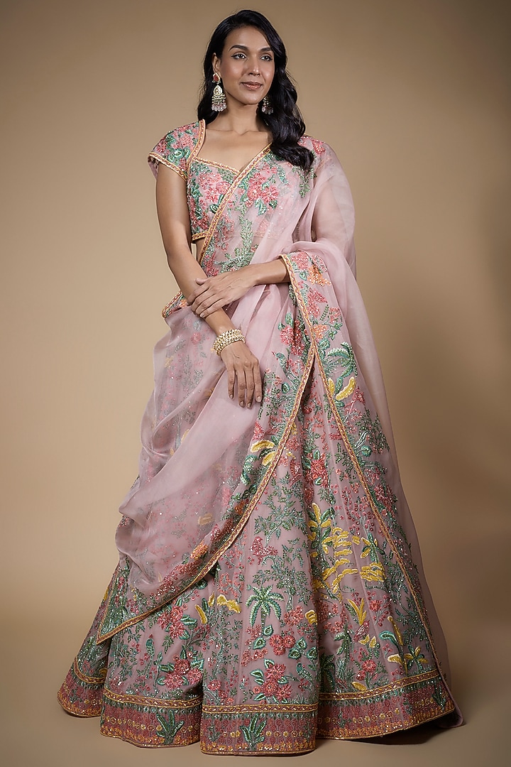 Pink Organza Embroidered Bridal Lehenga Set by Anushree Reddy at Pernia's Pop Up Shop