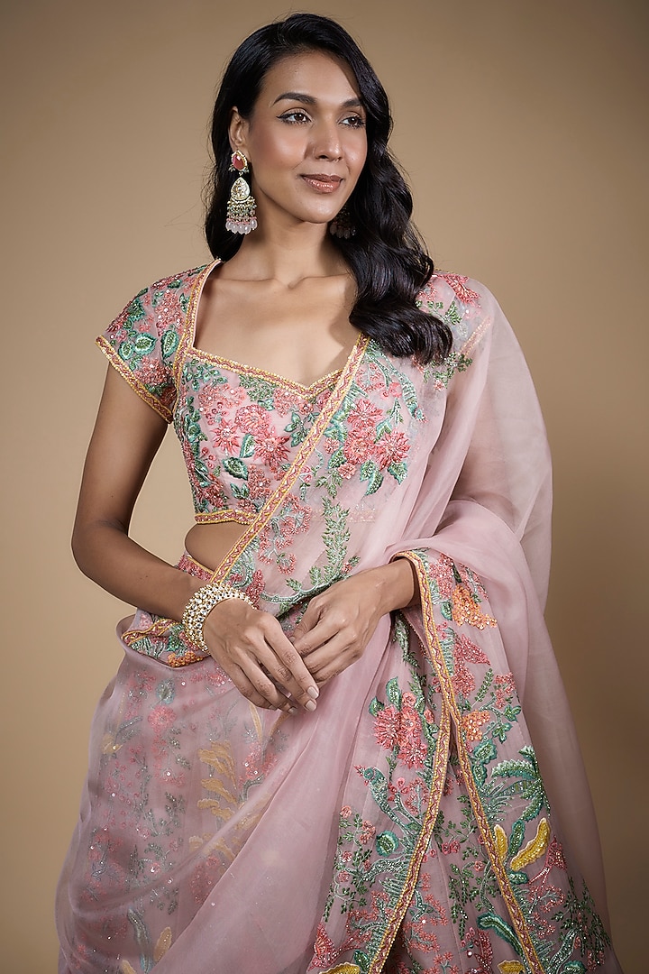 Pink Organza Embroidered Bridal Lehenga Set by Anushree Reddy at Pernia's Pop Up Shop