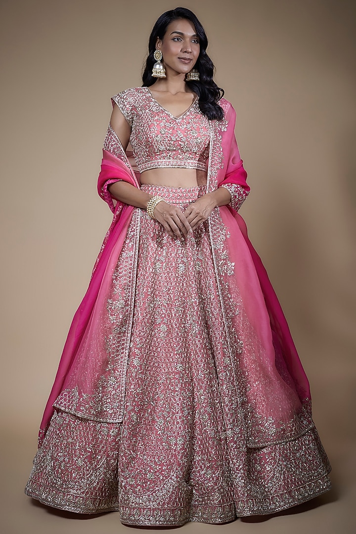 Pink Organza Embroidered Bridal Lehenga Set by Anushree Reddy at Pernia's Pop Up Shop