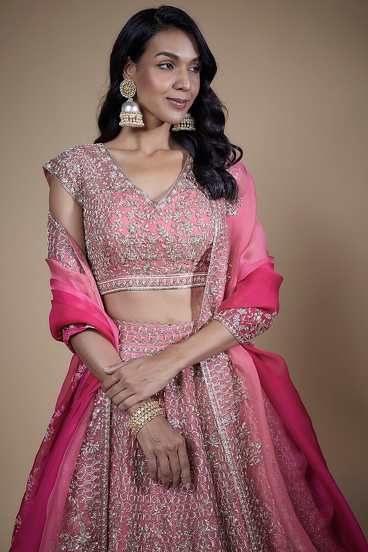 Pink Organza Embroidered Bridal Lehenga Set by Anushree Reddy at Pernia's Pop Up Shop