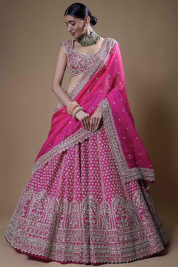 Hot Pink Raw Silk Embroidered Bridal Lehenga Set by Anushree Reddy at Pernia's Pop Up Shop