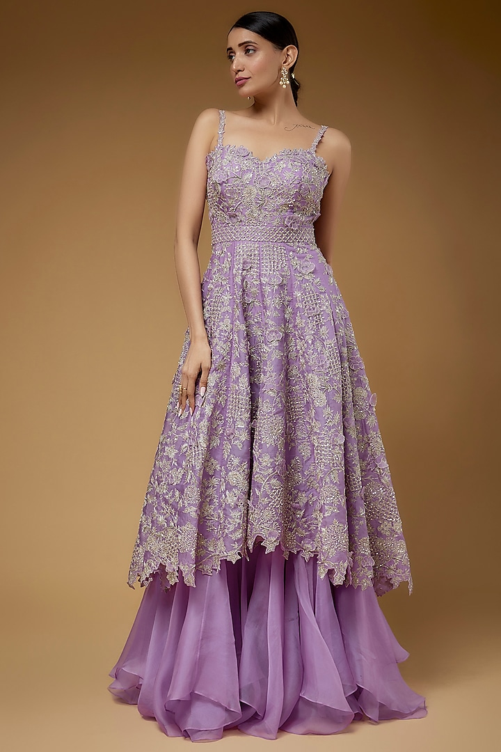 Lavender Organza Embroidered High-Low Gown by Anushree Reddy