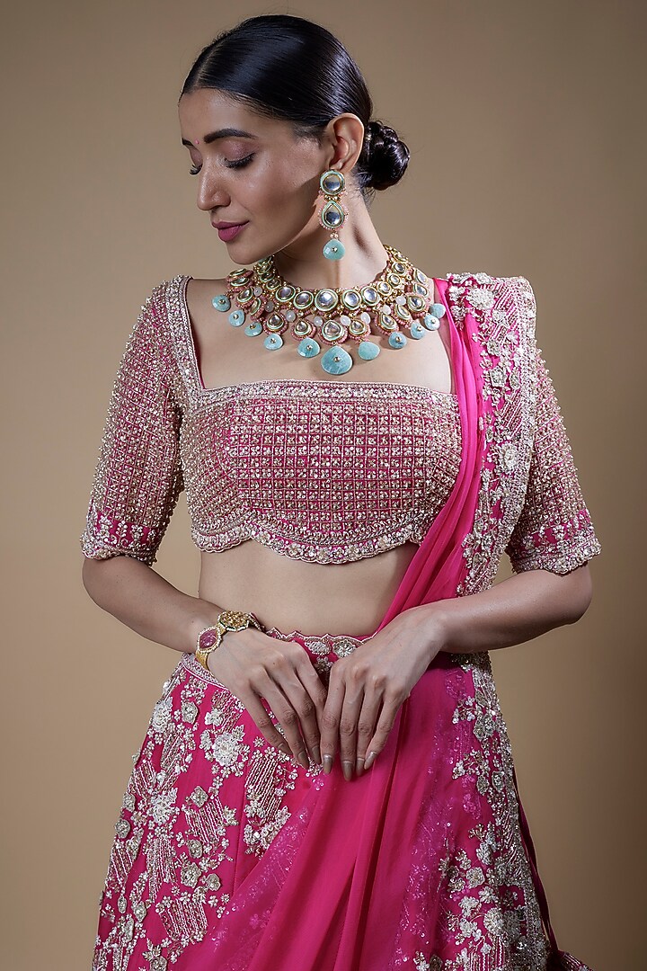 Hot Pink Organza Embroidered Bridal Lehenga Set by Anushree Reddy at Pernia's Pop Up Shop