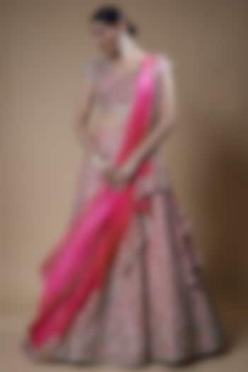Hot Pink Raw Silk Embroidered Lehenga Set by Anushree Reddy