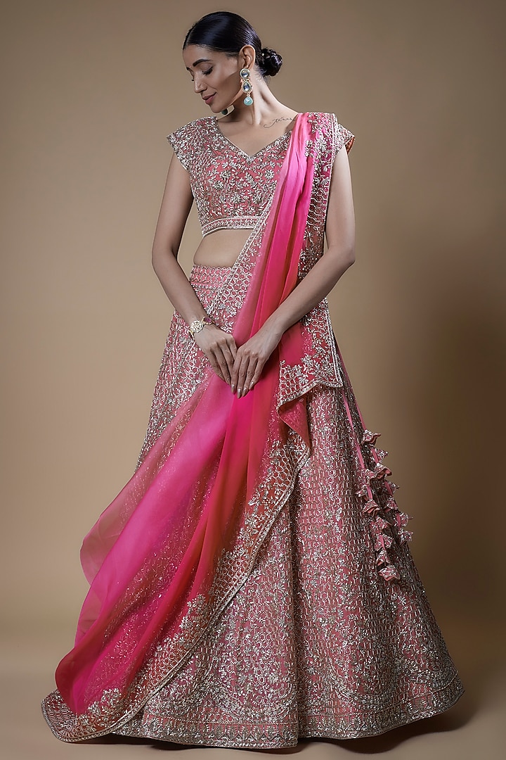 Hot Pink Raw Silk Embroidered Lehenga Set by Anushree Reddy