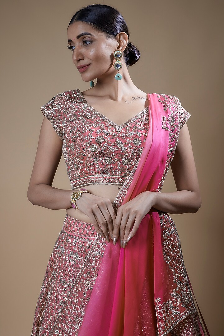 Hot Pink Raw Silk Embroidered Bridal Lehenga Set by Anushree Reddy at Pernia's Pop Up Shop