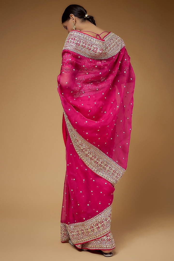 Cherry Pink Organza Embroidered Bridal Saree Set by Anushree Reddy at Pernia's Pop Up Shop