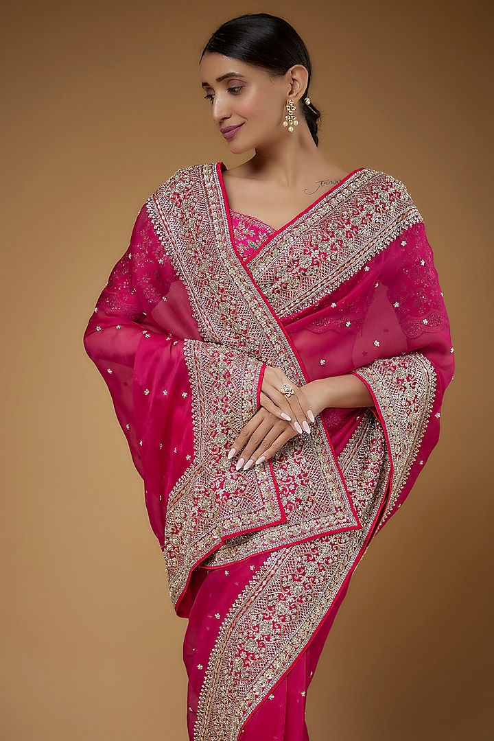 Cherry Pink Organza Embroidered Bridal Saree Set by Anushree Reddy at Pernia's Pop Up Shop