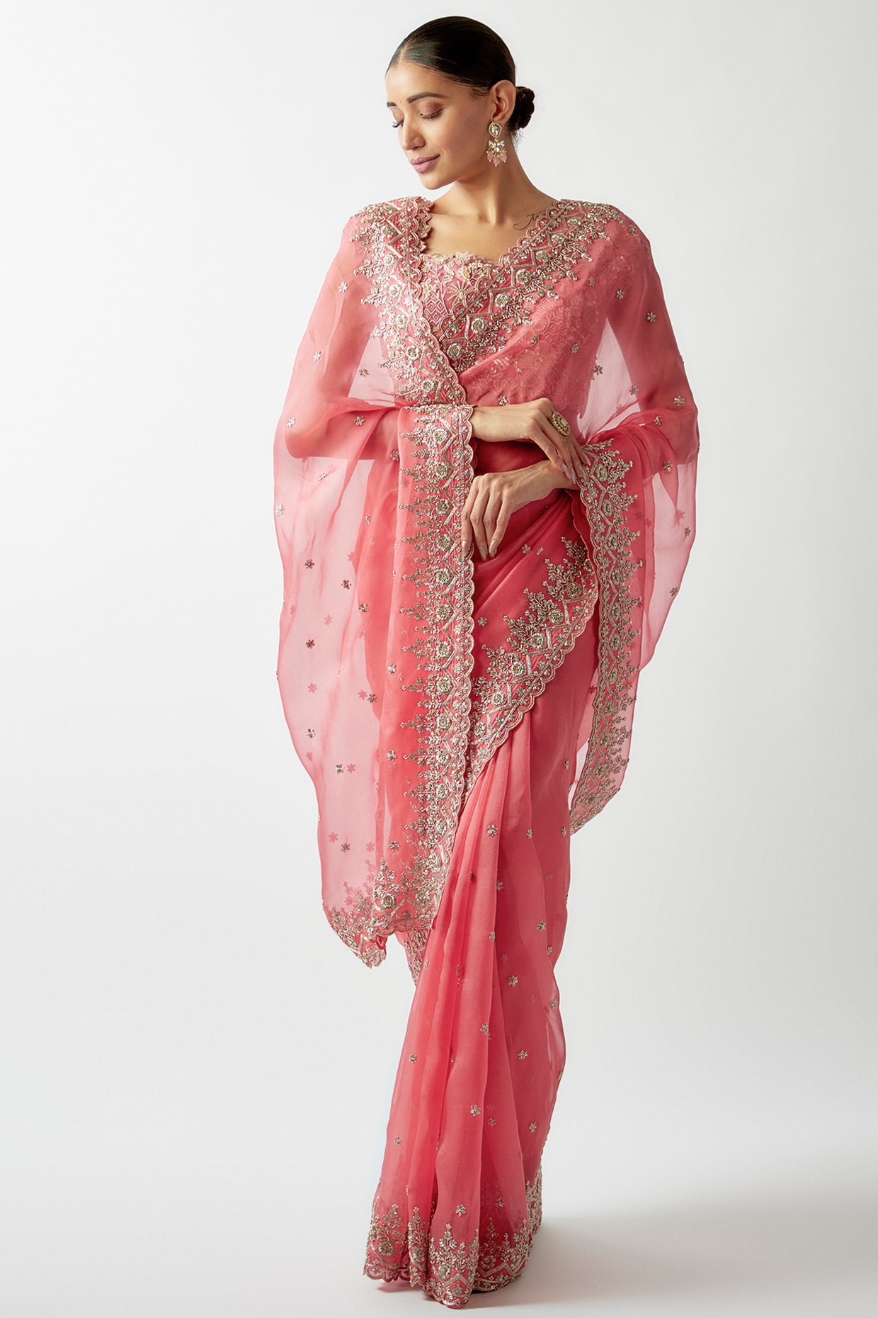 Peach Pink Organza Saree With Sequins, Resham & Cut-Work