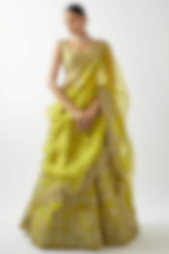 Lime Green Organza Lehenga Set by Anushree Reddy