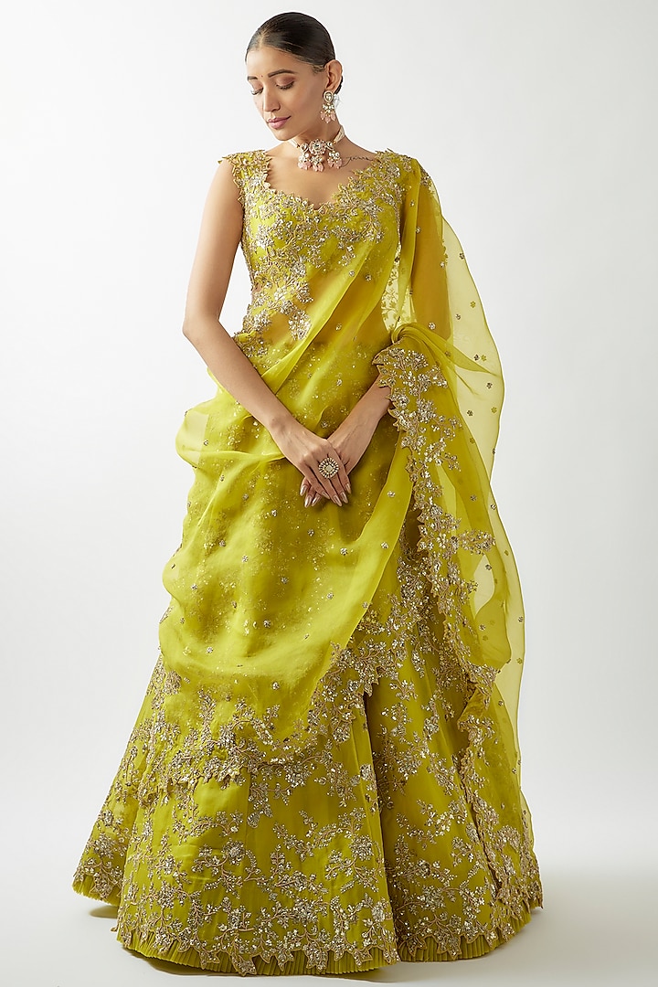 Lime Green Organza Lehenga Set by Anushree Reddy