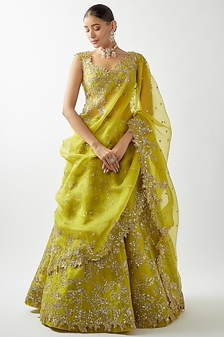 Lime Green Organza Lehenga Set by Anushree Reddy