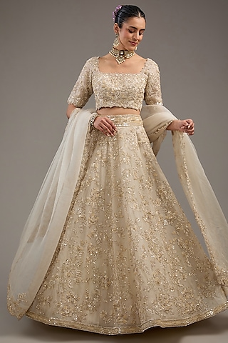Ivory Organza Cutdana & Pearl Embroidered Lehenga Set by Anushree Reddy