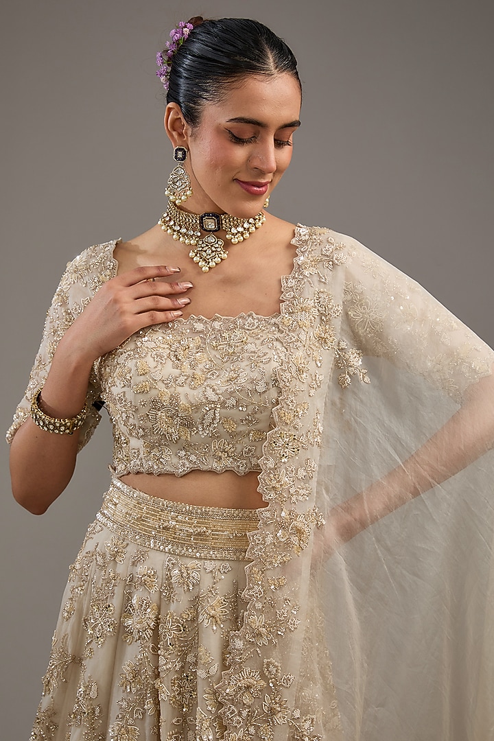 Ivory Organza Cutdana & Pearl Embroidered Bridal Lehenga Set by Anushree Reddy at Pernia's Pop Up Shop