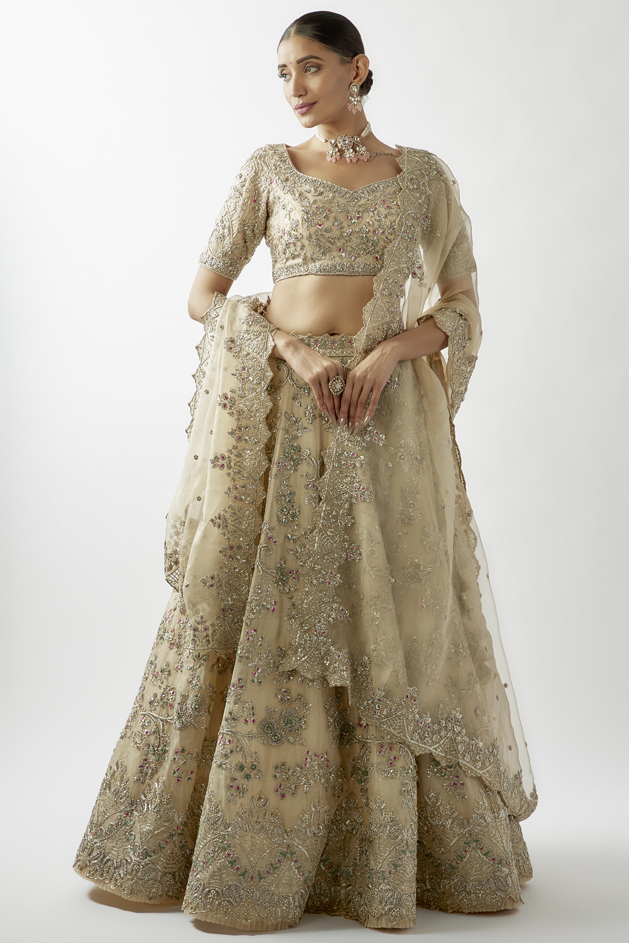 Cream Tissue Organza Bridal Lehenga Set by Anushree Reddy at Pernia's Pop Up Shop