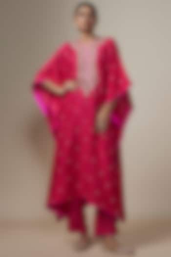 Cherry Red Dupion Silk Zardosi Hand Embroidered Kaftan Set by Anushree Reddy at Pernia's Pop Up Shop