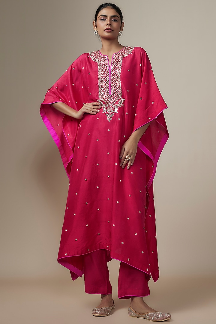 Cherry Red Dupion Silk Zardosi Hand Embroidered Kaftan Set by Anushree Reddy at Pernia's Pop Up Shop