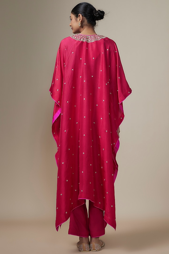 Cherry Red Dupion Silk Zardosi Hand Embroidered Kaftan Set by Anushree Reddy at Pernia's Pop Up Shop