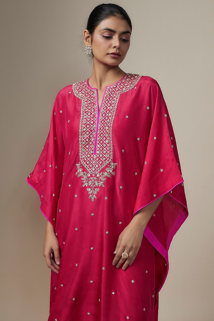 Cherry Red Dupion Silk Zardosi Hand Embroidered Kaftan Set by Anushree Reddy at Pernia's Pop Up Shop
