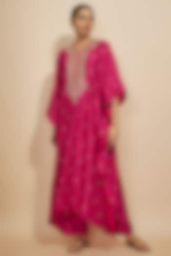 Cherry Red Dupion Silk Zardosi Hand Embroidered Kaftan Set by Anushree Reddy