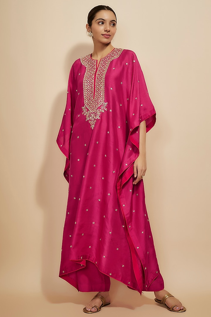 Cherry Red Dupion Silk Zardosi Hand Embroidered Kaftan Set by Anushree Reddy