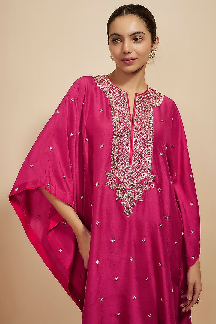 Cherry Red Dupion Silk Zardosi Hand Embroidered Kaftan Set by Anushree Reddy at Pernia's Pop Up Shop
