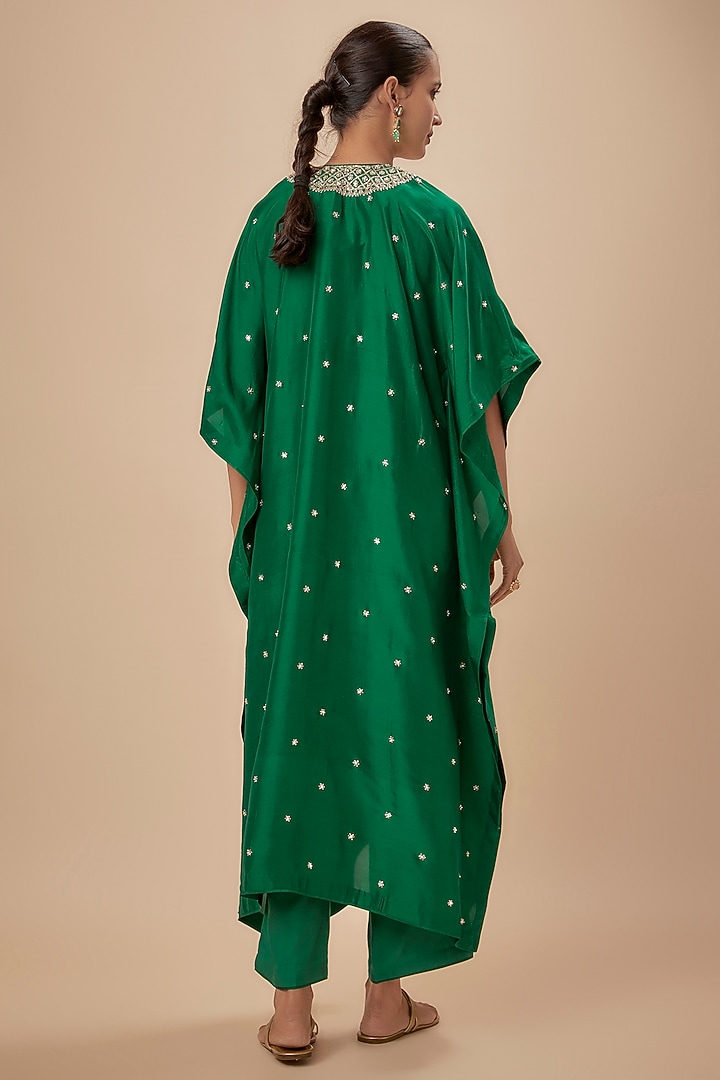 Emerald Green Dupion Silk Zardosi Embroidered Kaftan Set by Anushree Reddy at Pernia's Pop Up Shop