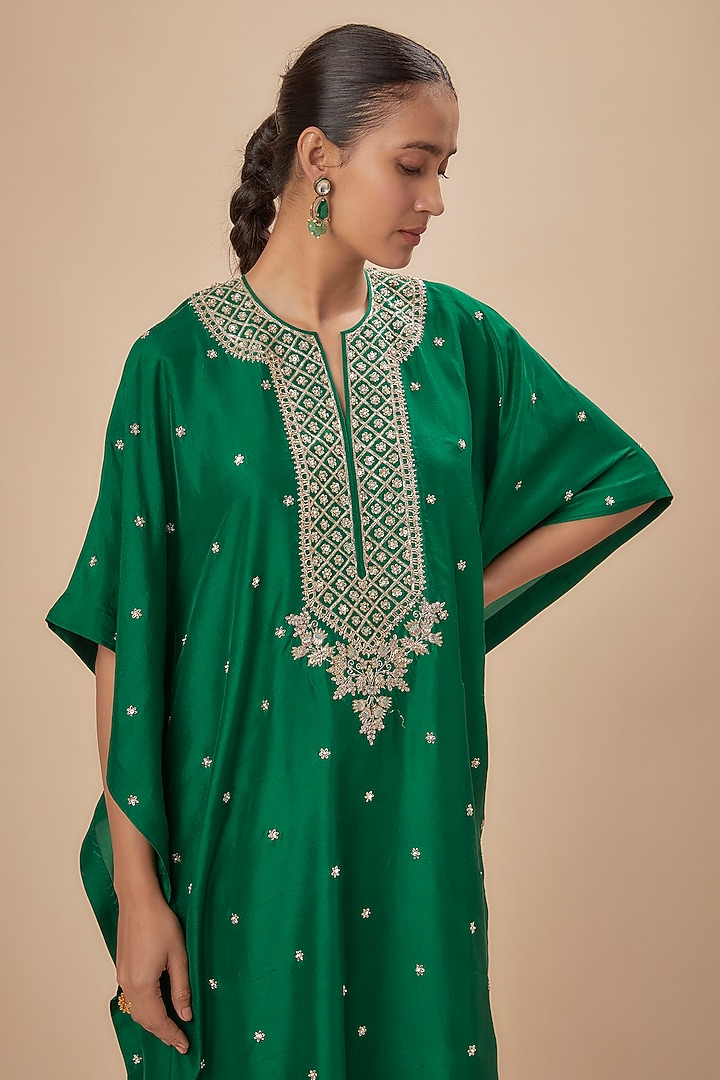 Emerald Green Dupion Silk Zardosi Embroidered Kaftan Set by Anushree Reddy at Pernia's Pop Up Shop