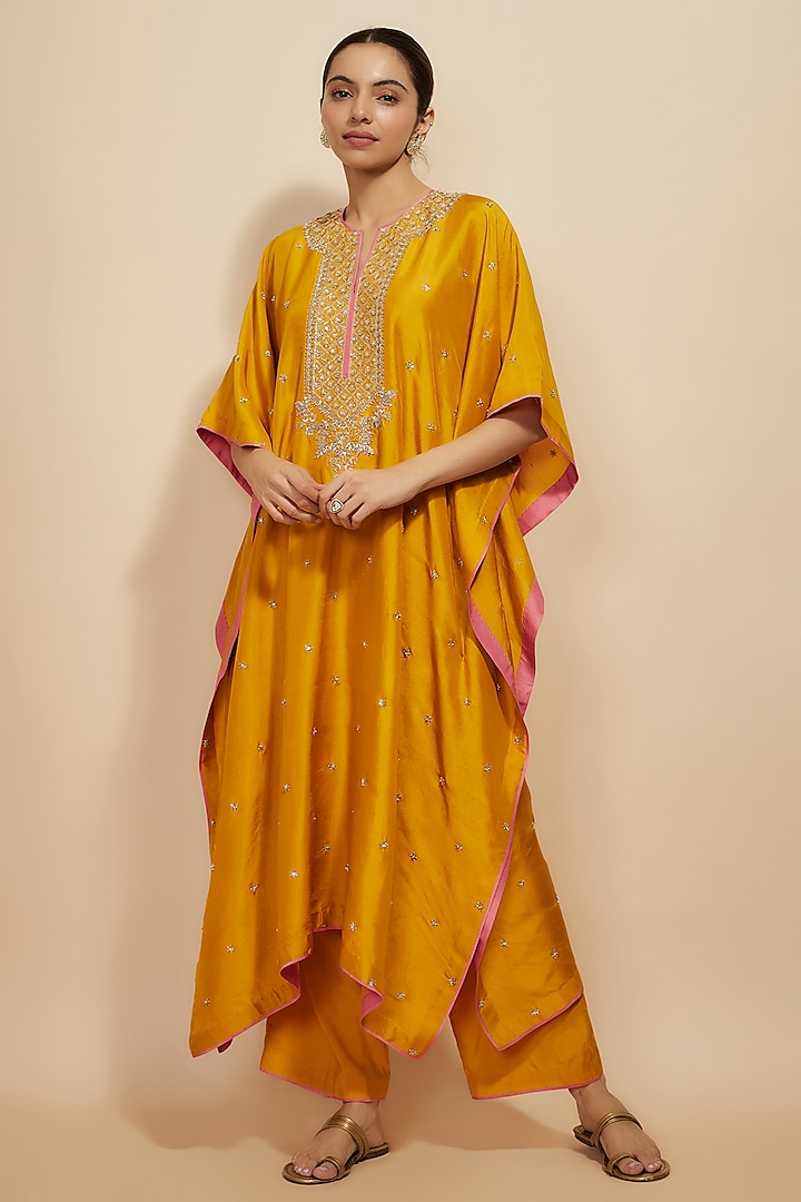 Mustard Dupion Silk Zardosi Hand Embroidered Kaftan Set by Anushree Reddy