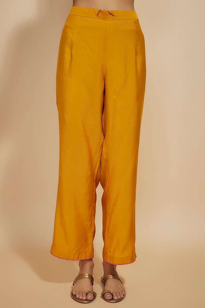 Mustard Dupion Silk Zardosi Hand Embroidered Kaftan Set by Anushree Reddy at Pernia's Pop Up Shop