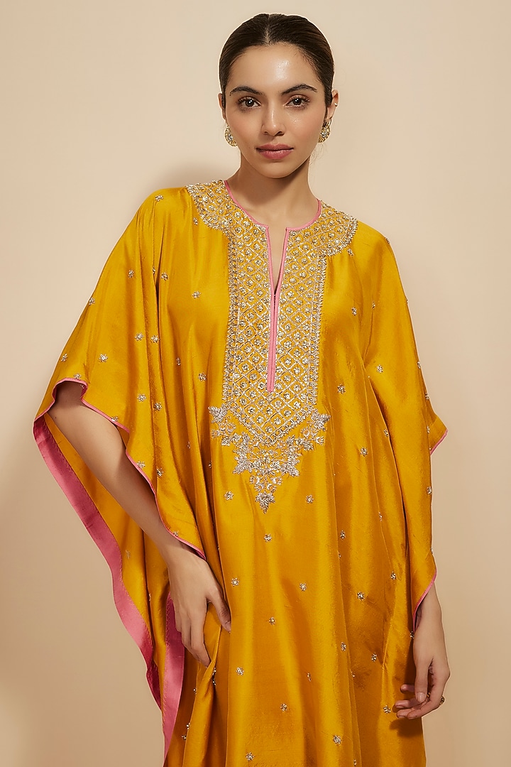 Mustard Dupion Silk Zardosi Hand Embroidered Kaftan Set by Anushree Reddy at Pernia's Pop Up Shop