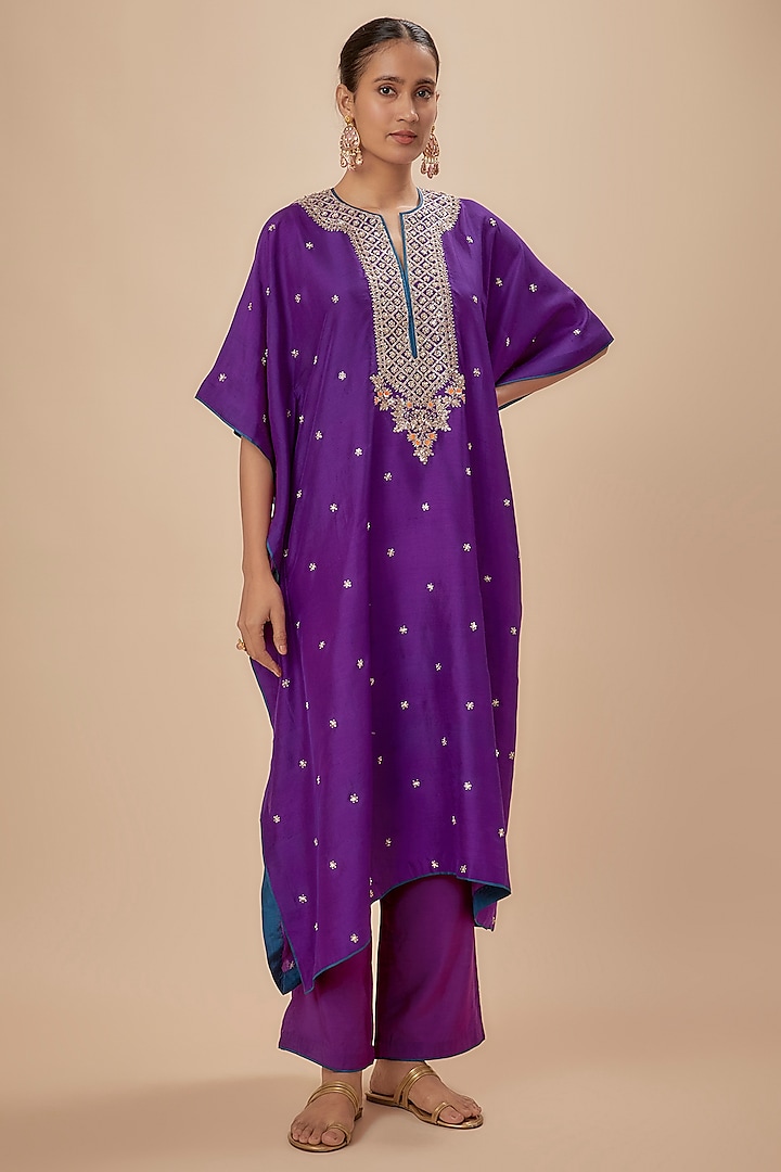 Purple Dupion Silk Zardosi Embroidered Kaftan Set by Anushree Reddy at Pernia's Pop Up Shop