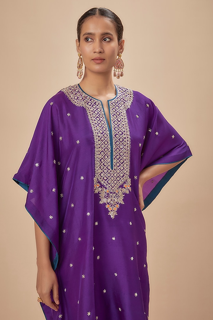 Purple Dupion Silk Zardosi Embroidered Kaftan Set by Anushree Reddy at Pernia's Pop Up Shop