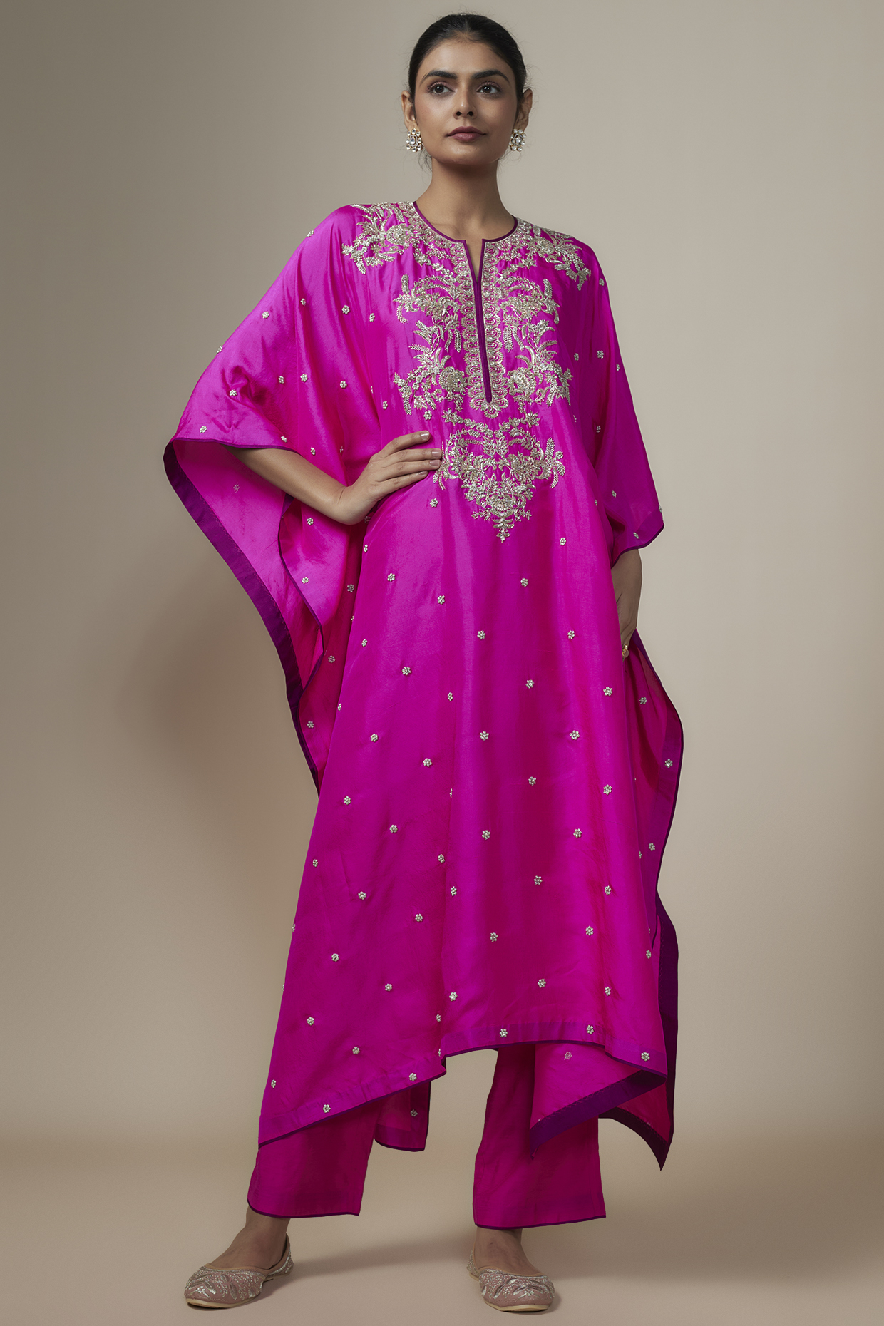 Hot Pink Dupion Silk Zardosi Hand Embroidered Kaftan Set by Anushree Reddy at Pernia's Pop Up Shop