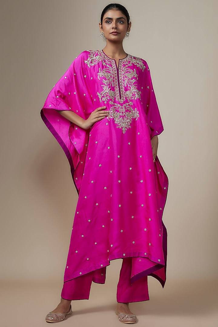 Hot Pink Dupion Silk Zardosi Hand Embroidered Kaftan Set by Anushree Reddy at Pernia's Pop Up Shop