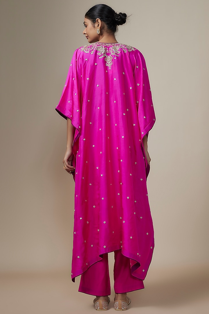 Hot Pink Dupion Silk Zardosi Hand Embroidered Kaftan Set by Anushree Reddy at Pernia's Pop Up Shop