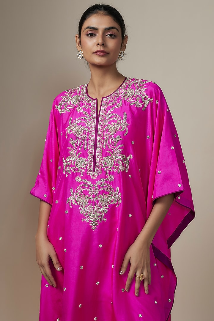 Hot Pink Dupion Silk Zardosi Hand Embroidered Kaftan Set by Anushree Reddy at Pernia's Pop Up Shop