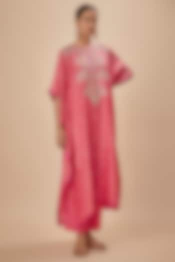 Coral Dupion Silk Zardosi Embroidered Kaftan Set by Anushree Reddy at Pernia's Pop Up Shop