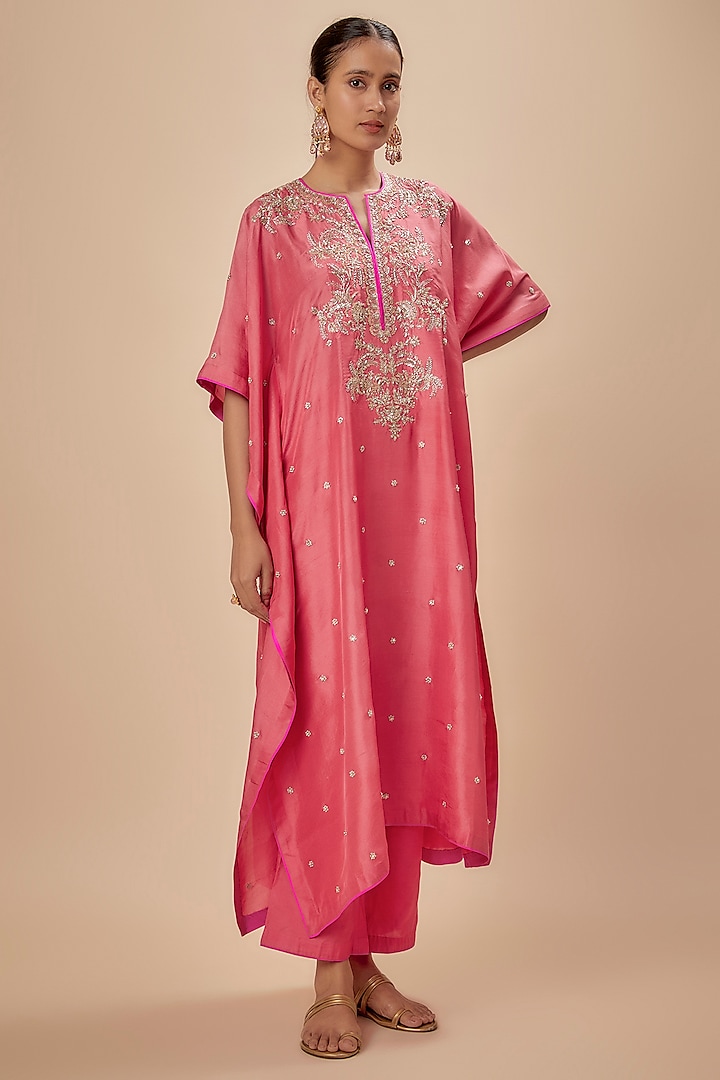 Coral Dupion Silk Zardosi Embroidered Kaftan Set by Anushree Reddy at Pernia's Pop Up Shop