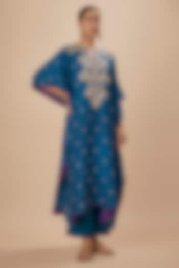 Navy Blue Dupion Silk Zardosi Embroidered Kaftan Set by Anushree Reddy at Pernia's Pop Up Shop