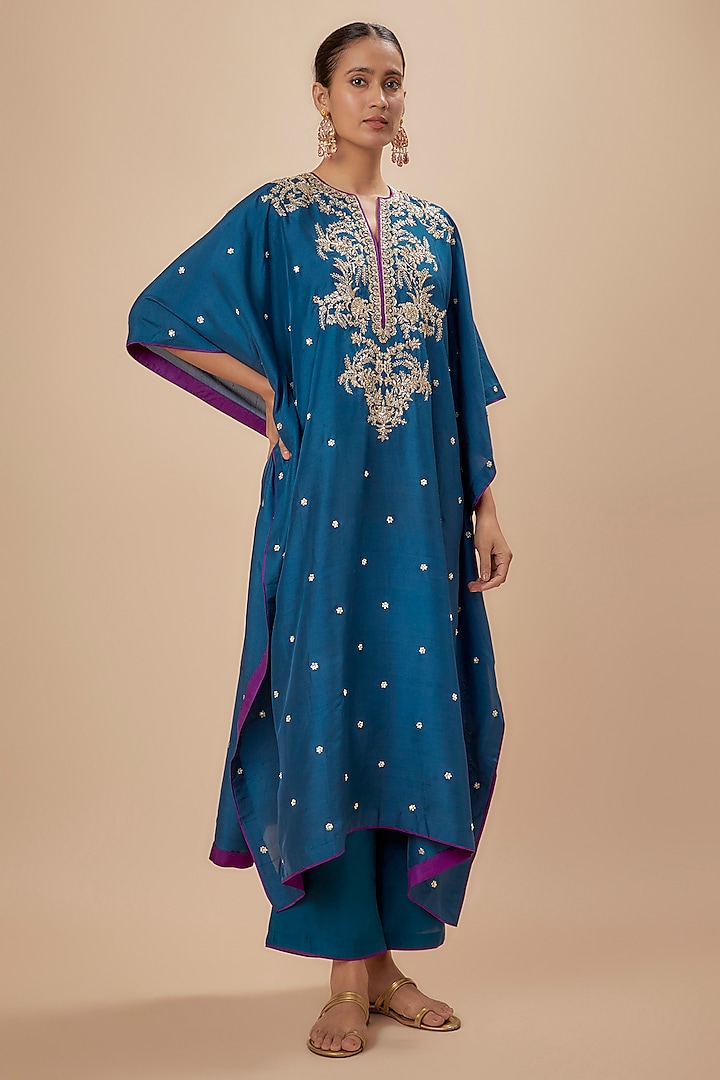 Navy Blue Dupion Silk Zardosi Embroidered Kaftan Set by Anushree Reddy at Pernia's Pop Up Shop