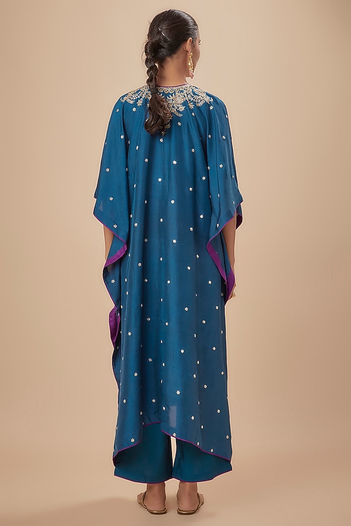 Navy Blue Dupion Silk Zardosi Embroidered Kaftan Set by Anushree Reddy at Pernia's Pop Up Shop