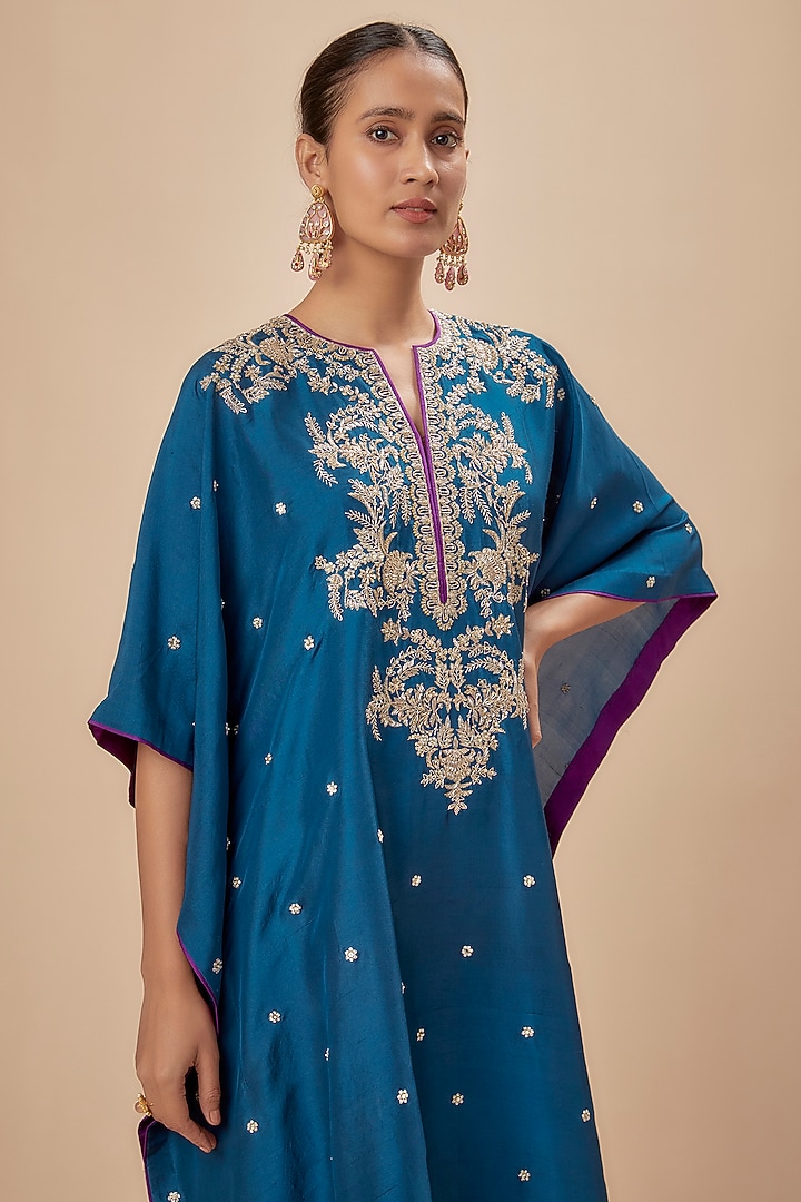 Navy Blue Dupion Silk Zardosi Embroidered Kaftan Set by Anushree Reddy at Pernia's Pop Up Shop