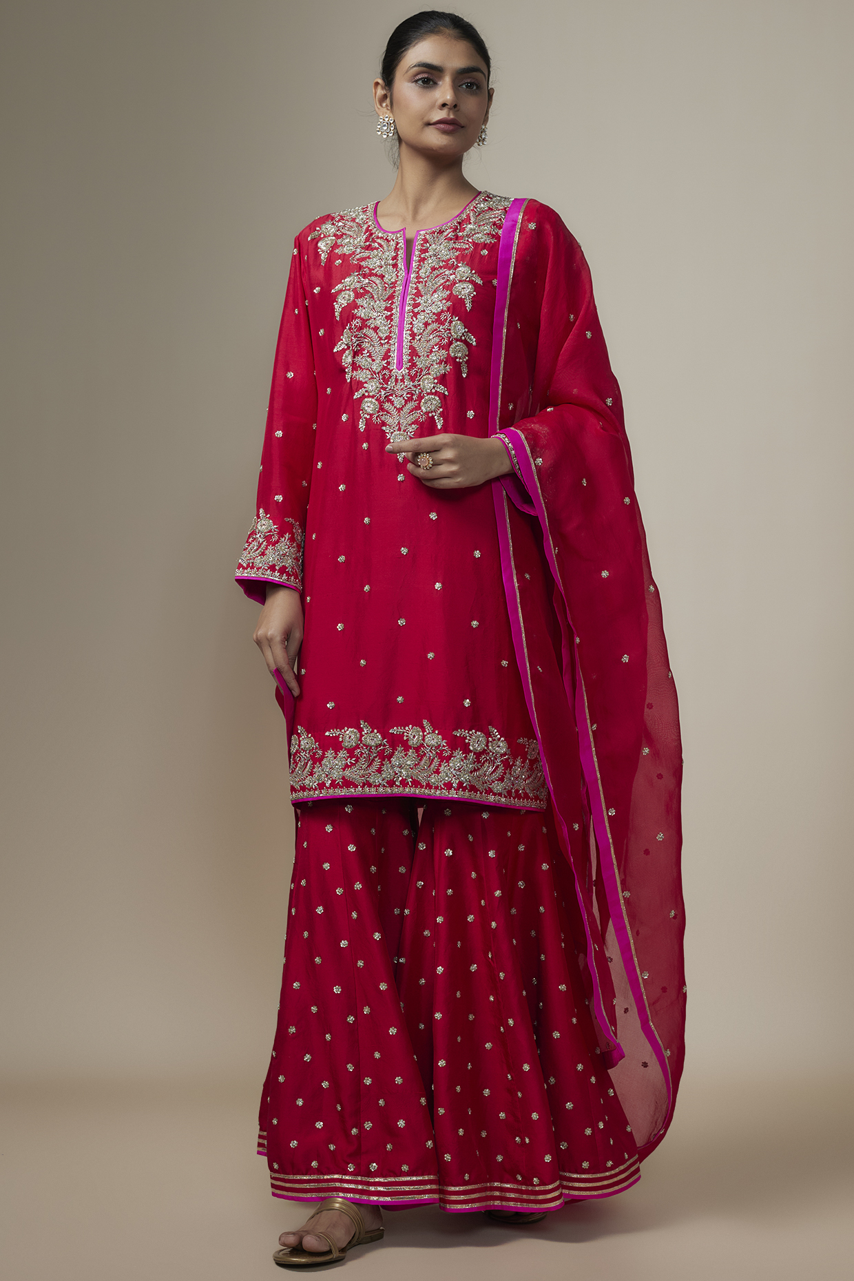 Red Dupion Silk Zardosi Hand Embroidered Bridal Sharara Set by Anushree Reddy at Pernia's Pop Up Shop