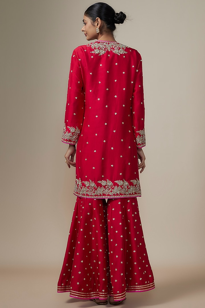 Red Dupion Silk Zardosi Hand Embroidered Bridal Sharara Set by Anushree Reddy at Pernia's Pop Up Shop