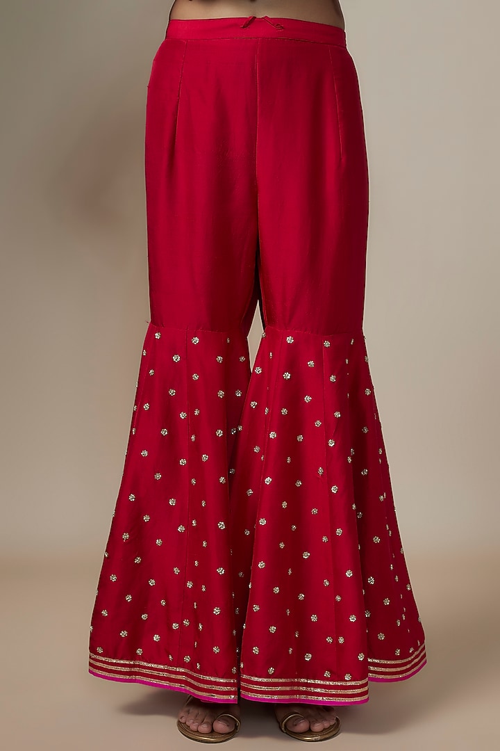 Red Dupion Silk Zardosi Hand Embroidered Bridal Sharara Set by Anushree Reddy at Pernia's Pop Up Shop