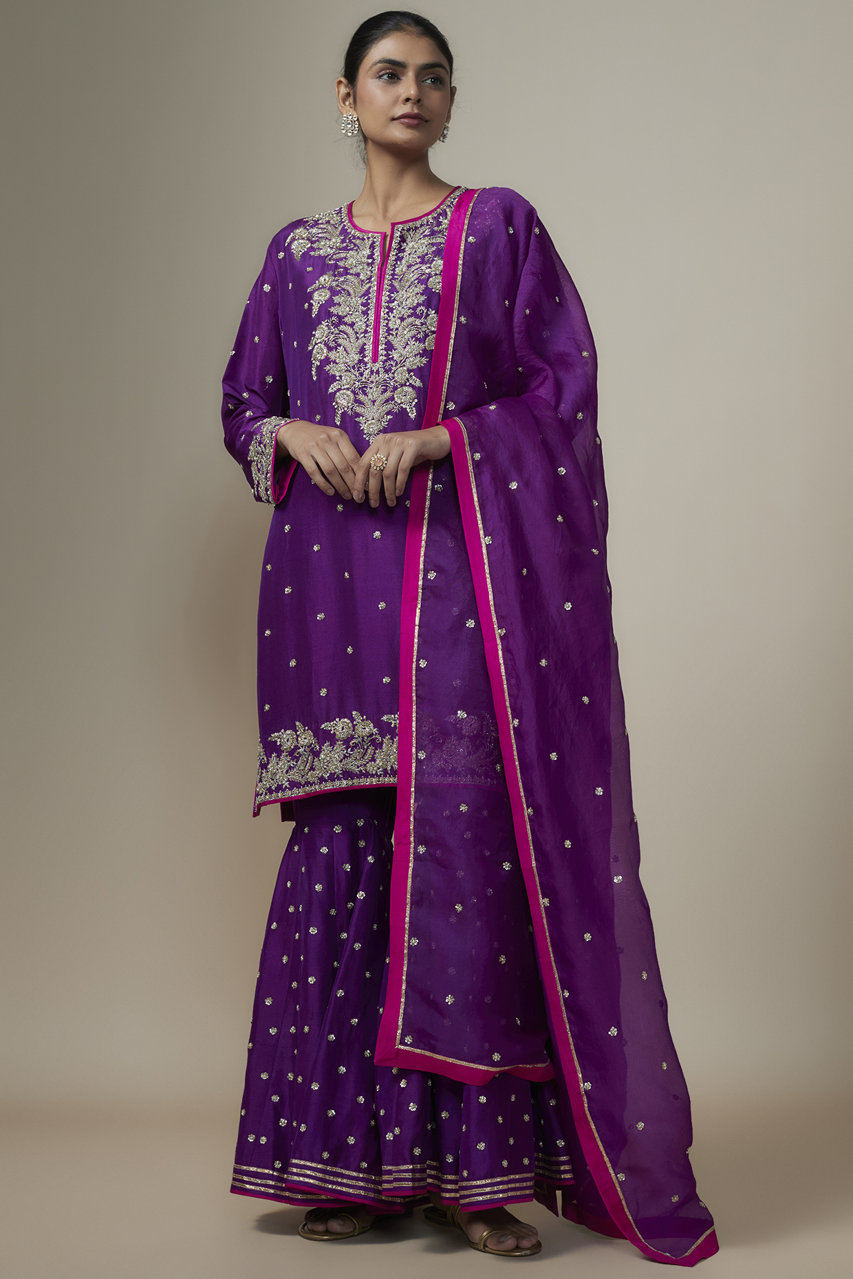 Purple Dupion Silk Zardosi Hand Embroidered Bridal Sharara Set by Anushree Reddy at Pernia's Pop Up Shop