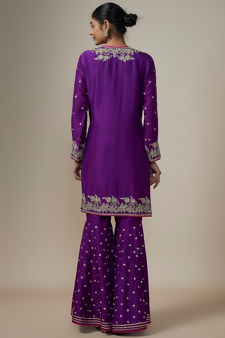 Purple Dupion Silk Zardosi Hand Embroidered Bridal Sharara Set by Anushree Reddy at Pernia's Pop Up Shop